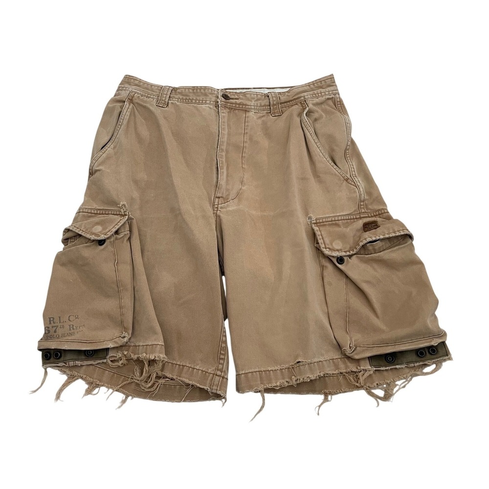 Vintage Polo Jeans Co Ralph Lauren Military Cargo Shorts 33 Tan Distressed